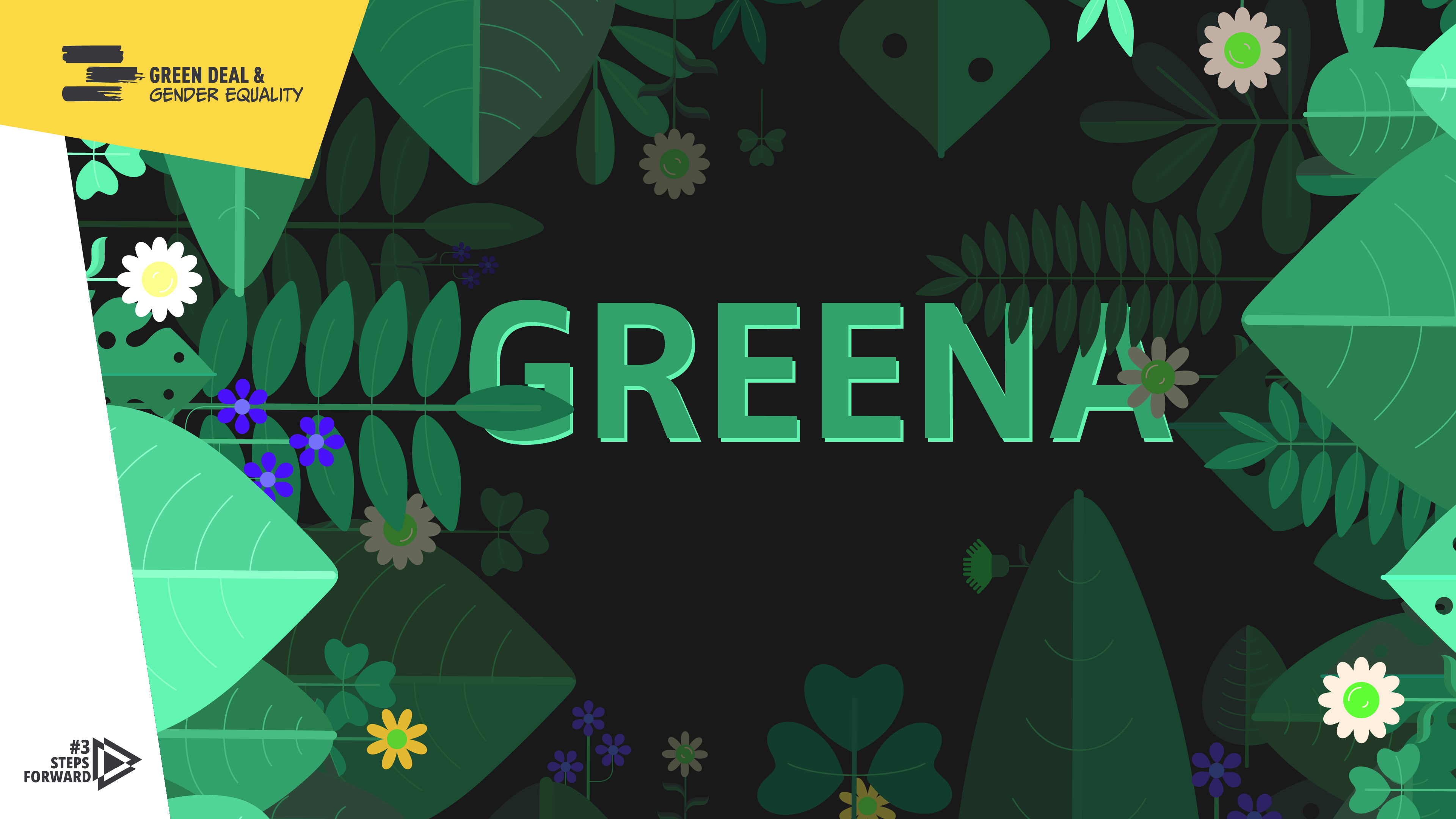 "GREENA" written amongst flowers and leaves 