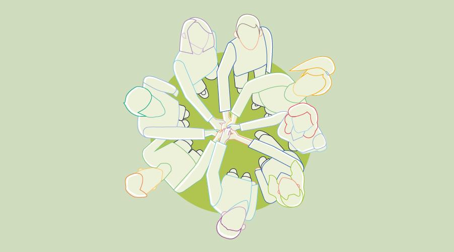 Illustration of people standing in a circle with hands joined in the center.