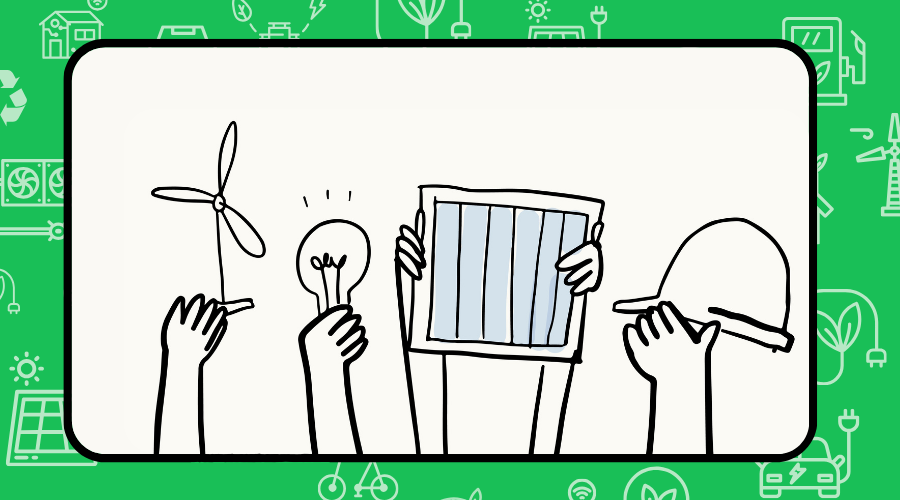 Illustration of hands holding up various energy-related objects against a green background
