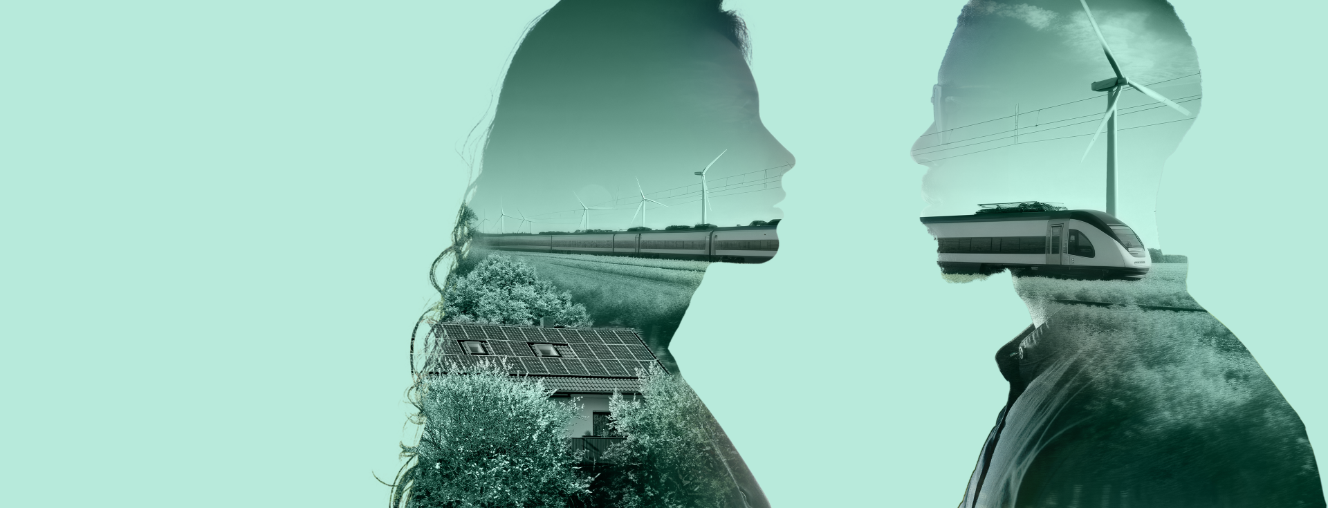 The silhouettes of a woman and a man facing each other. Inside the silhouettes there is a landscape with wind turbines, solar panels and an electric train.