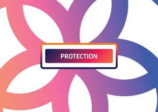 The word 'protection' written against pink, orange and purple swirling lines