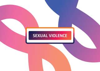 The words 'sexual violence' written against pink, orange and purple swirling lines