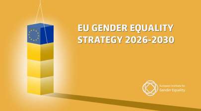 Four blocks - three yellow and one blue - are stacked on top of each other against a yellow background. The blue block, which is on top, shows the stars of the EU map. To the right, the text says EU Gender Equality Strategy 2026-2010. Below, the EIGE logo appears.