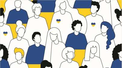 Drawn outlines of women and men against the Ukrainian flag. Some have a blue and yellow heart on their chests.