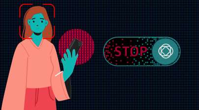 An illustration of a girl with a cell phone looking shocked. Next to her is a slider button with "Stop" written on it. 