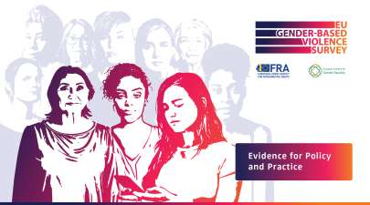 Illustration of three women side by side with serious expressions on their faces, and the report title 'EU gender-based violence survey: Evidence for policy and practice' written on their right