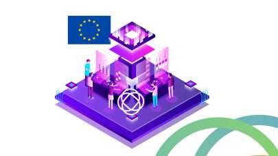 Illustrated humans standing around a control panel next to the EIGE logo and flag of the EU