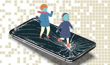 Vector image of a girl and boy child skipping on an enlarged cellphone with a broken screen