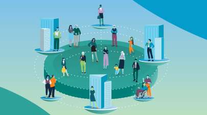 Illustrated humans standing in concentric circles