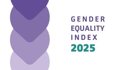 Gender Equality Index 2025 written on a white background with purple elements on it