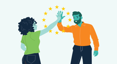 Illustration of a woman and man high-fiving through the ring of EU stars