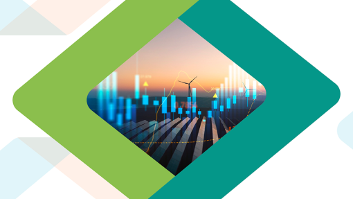  An overlay of a glowing blue financial bar chart and trend lines. In the background, rows of dark solar panels and a distant wind turbine stand against an orange sunset sky, all enclosed in a green and teal diamond frame.